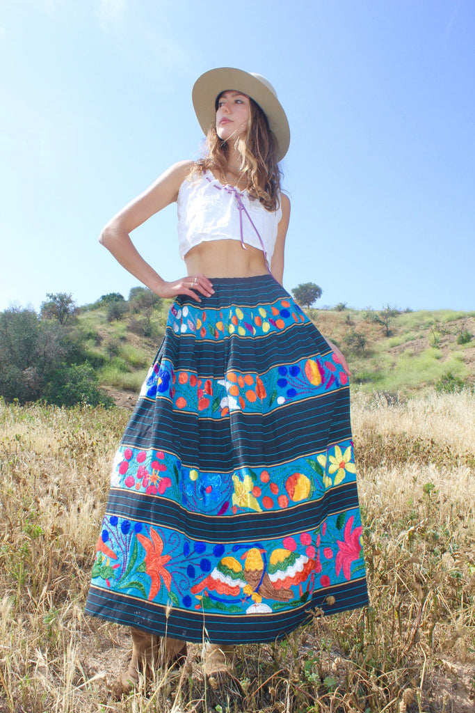 Stunning Vintage Mexican Hand Embroidered Maxi Skirt