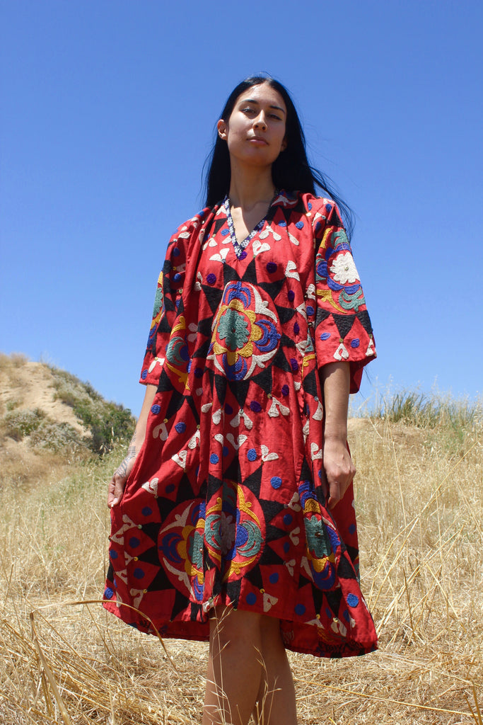 Vintage Cotton Uzbek Suzani Tunic Dress