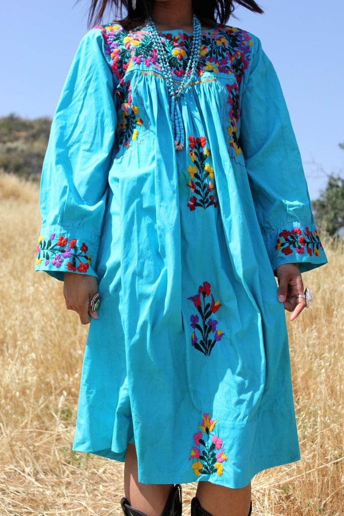 Vibrant Turquoise Hand Embroidered Oaxacan Dress Honeywood Vibrant Turquoise Hand Embroidered Oaxacan Dress Honeywood