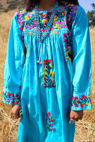 Vibrant Turquoise Hand Embroidered Oaxacan Dress