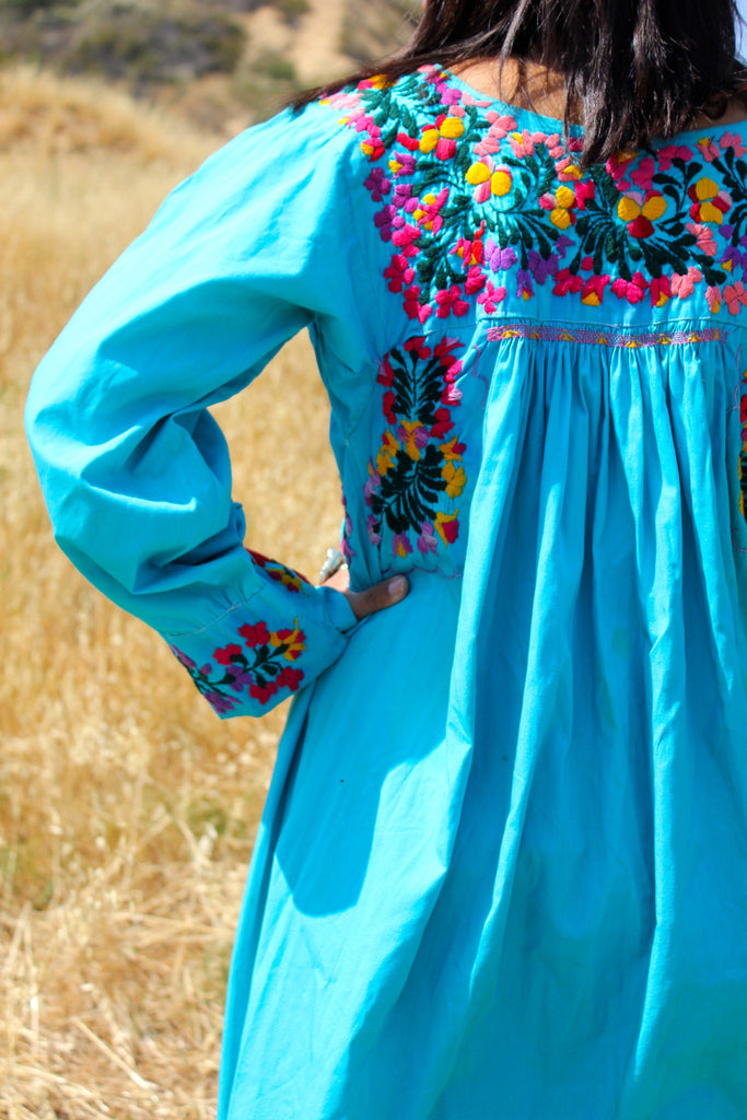 Vibrant Turquoise Hand Embroidered Oaxacan Dress Honeywood Vibrant Turquoise Hand Embroidered Oaxacan Dress Honeywood