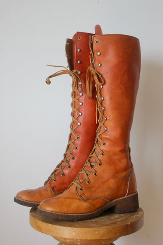 1970s Tall Knee High Lace_Up Campus Boots Leather Boots with Gum Soles 8.5