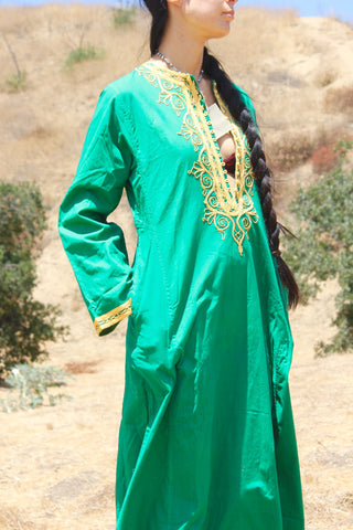 Emerald Green Dead Stock 1970s Hand Embroidered Kaftan