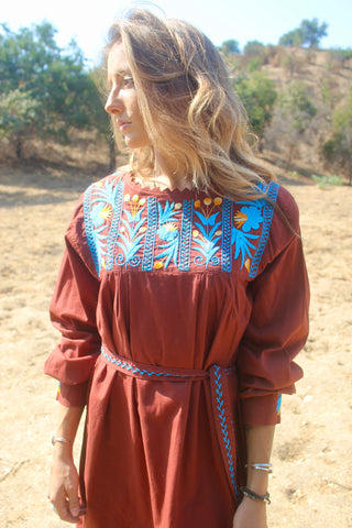 "Chocolate & Turquoise" Vintage Hand Embroidered Artisan Made Mexican Dress