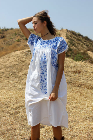 Large "Shades of Indigo" Hand Embroidered Oaxacan Dress Circa 1970s