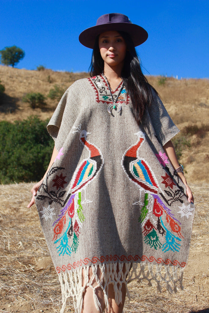 "Birds of Paradise" 1970s Handwoven One of a Kind Mexican Poncho