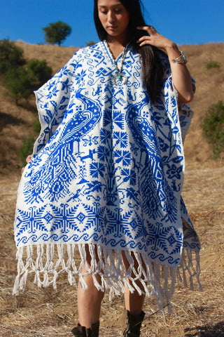 "Poncho Azul" Handmade Mexican Embroidered Poncho