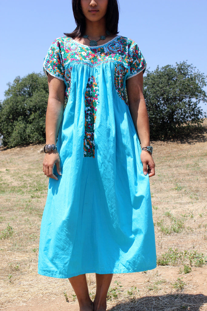 1970s Turquoise Hand Embroidered Oaxacan Dress
