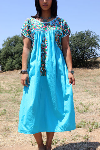 1970s Turquoise Hand Embroidered Oaxacan Dress