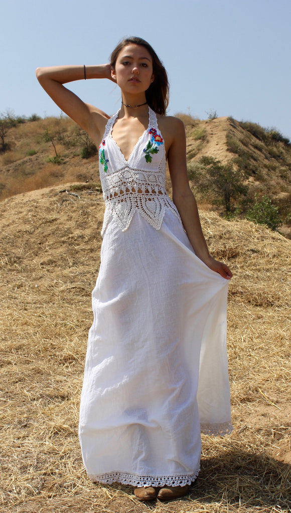 1970s "Bohemian Summer" Hand Embroidered Gauze Indian Maxi Dress Honeywood 1970s "Bohemian Summer" Hand Embroidered Gauze Indian Maxi Dress Honeywood