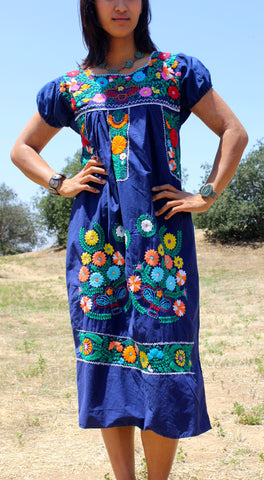 "Royal Blue" Vintage Hand Embroidered Mexican Dress