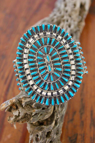 Signed Vintage Navajo Turquoise Needlepoint Sterling Cuff
