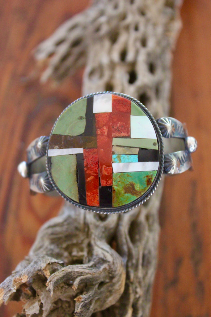 "Chimney Butte" Sterling Navajo Inlay Cuff Turquoise Spiny Oyster etc