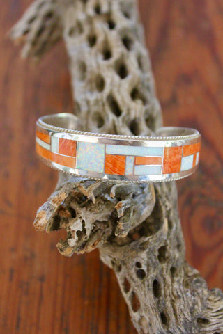 Zuni Inlay Opal and Spiny Oyster Sterling Cuff